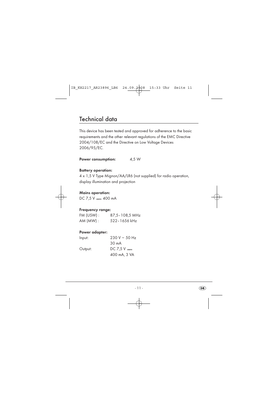Technical data | Silvercrest KH2217 User Manual | Page 11 / 28