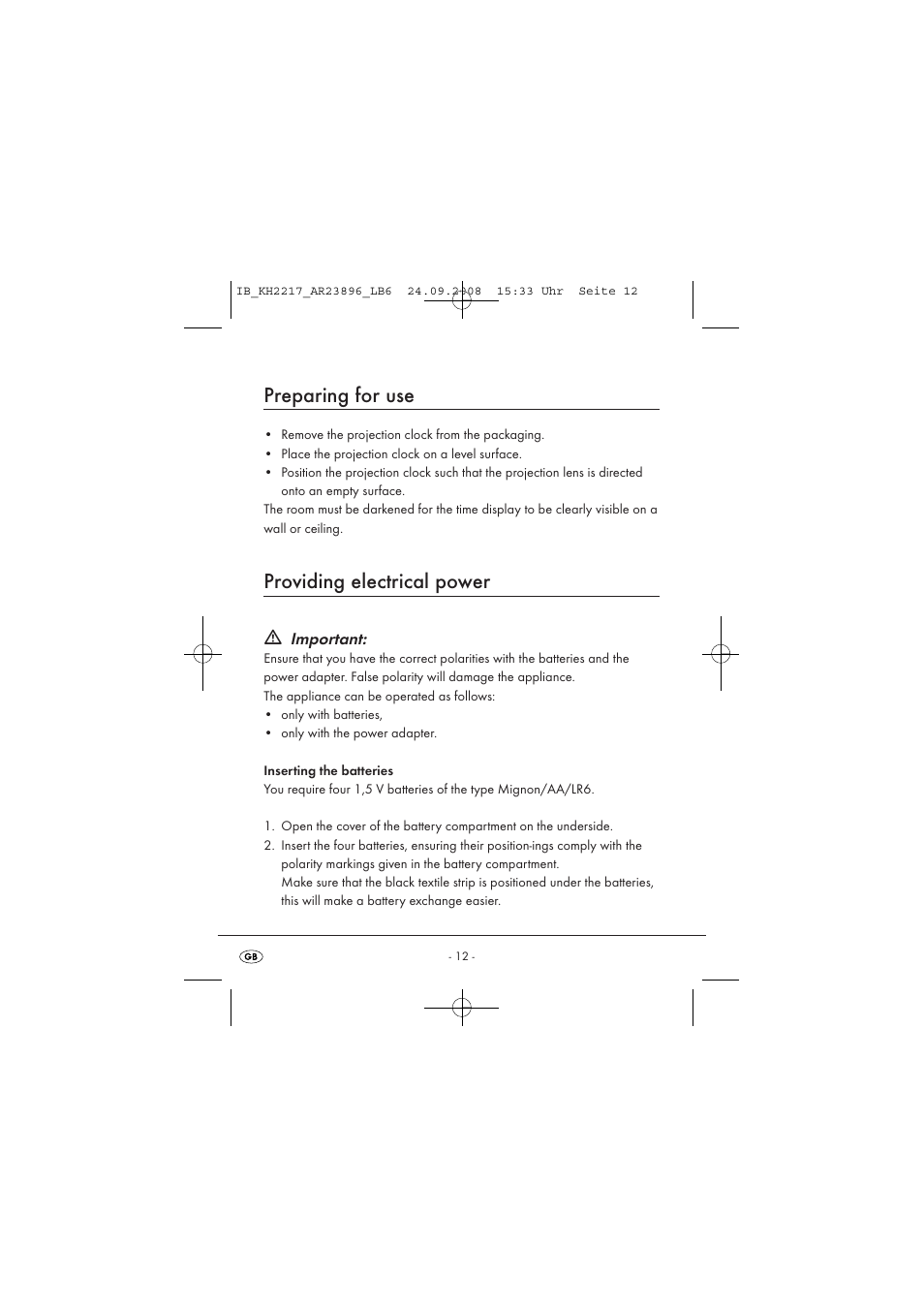 Preparing for use, Providing electrical power | Silvercrest KH2217 User Manual | Page 12 / 28