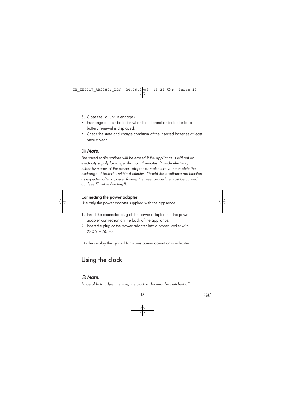 Using the clock | Silvercrest KH2217 User Manual | Page 13 / 28