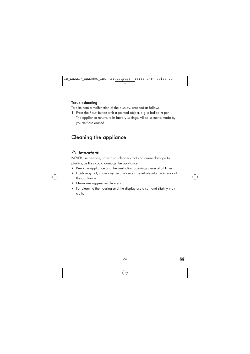 Cleaning the appliance | Silvercrest KH2217 User Manual | Page 23 / 28