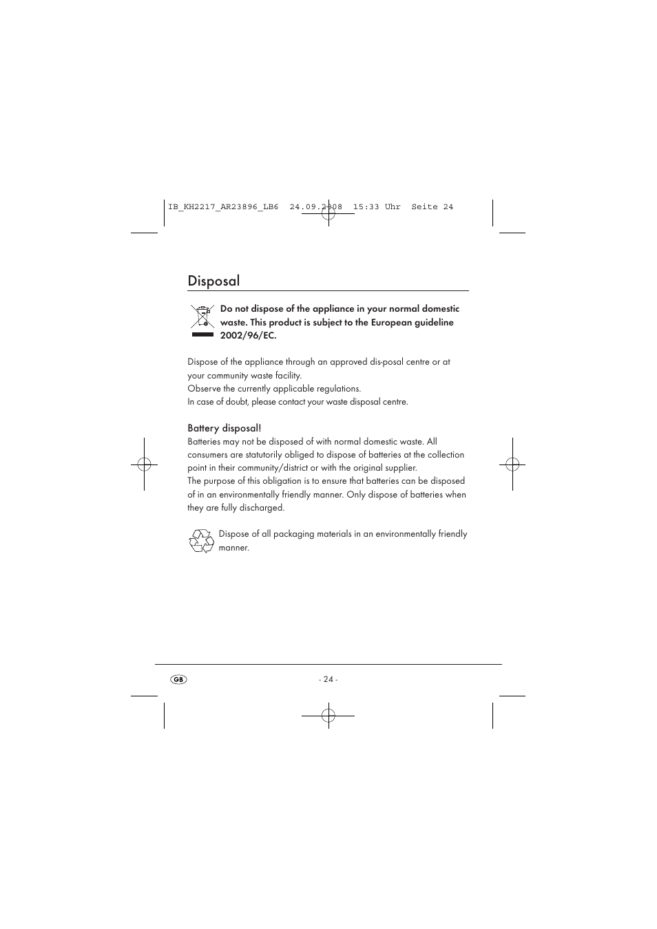 Disposal | Silvercrest KH2217 User Manual | Page 24 / 28