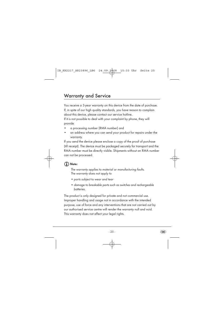 Warranty and service | Silvercrest KH2217 User Manual | Page 25 / 28