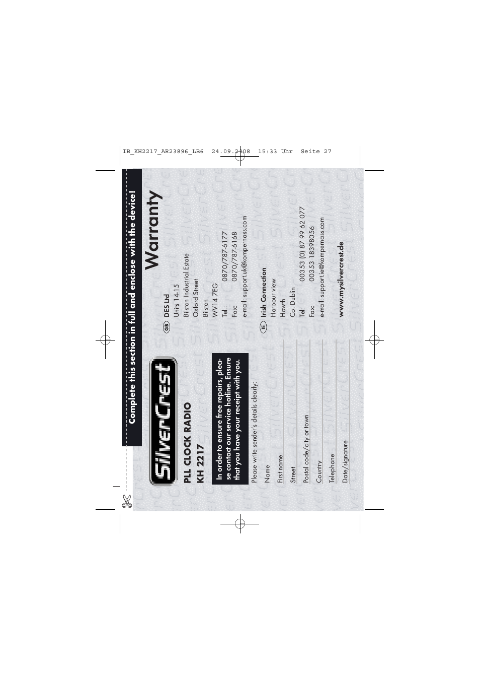 Wa rranty | Silvercrest KH2217 User Manual | Page 27 / 28