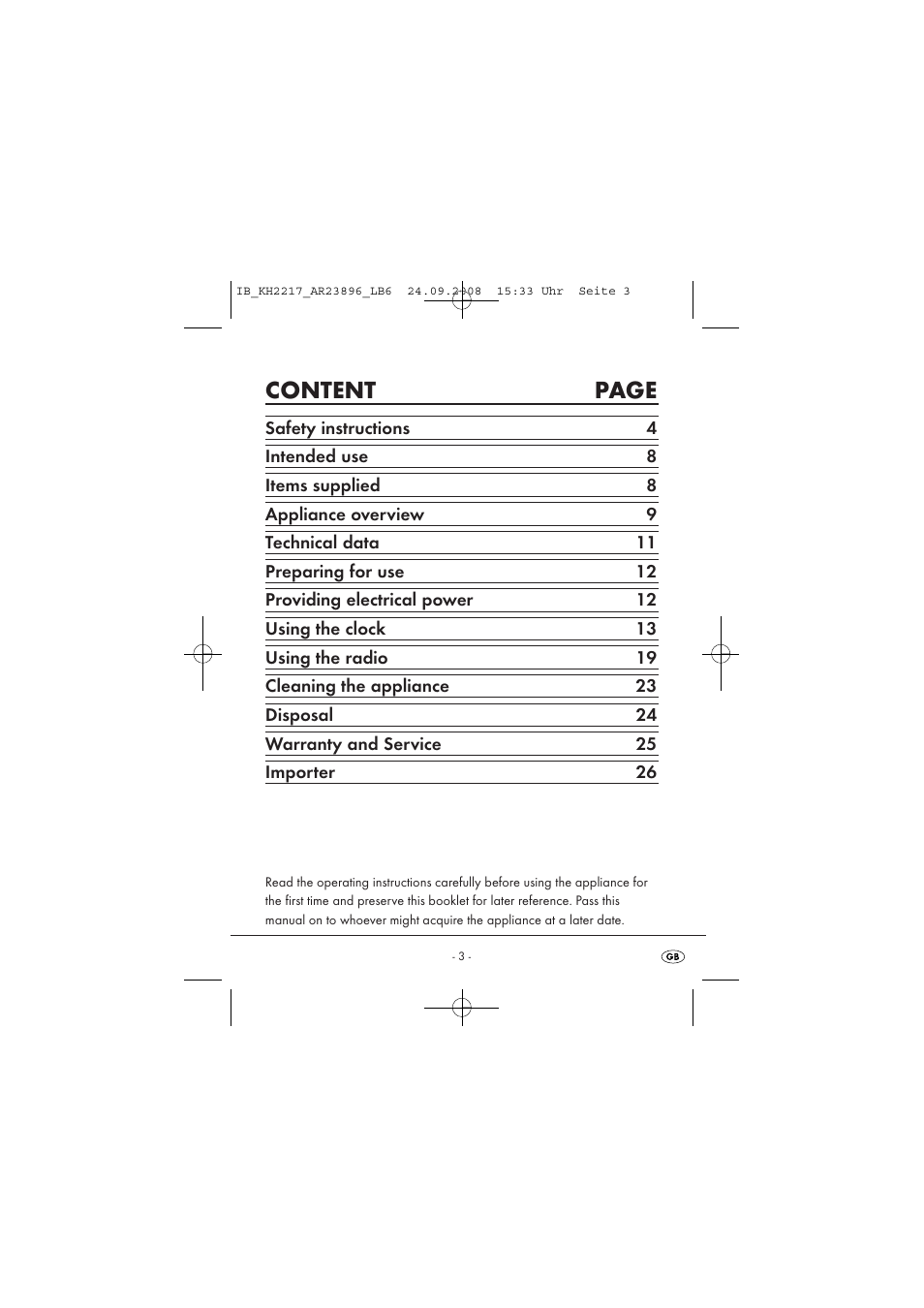 Content page | Silvercrest KH2217 User Manual | Page 3 / 28