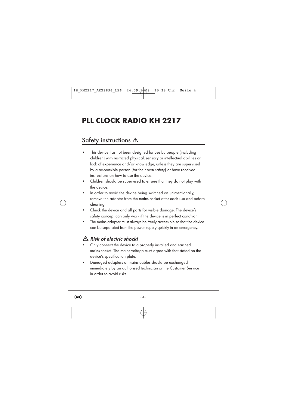 Pll clock radio kh 2217, Safety instructions | Silvercrest KH2217 User Manual | Page 4 / 28