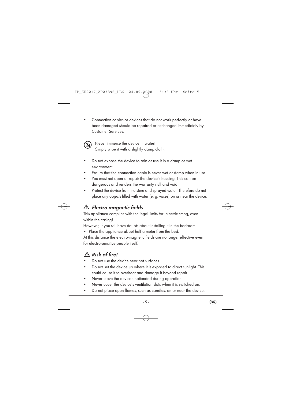 Electro-magnetic fields, Risk of fire | Silvercrest KH2217 User Manual | Page 5 / 28