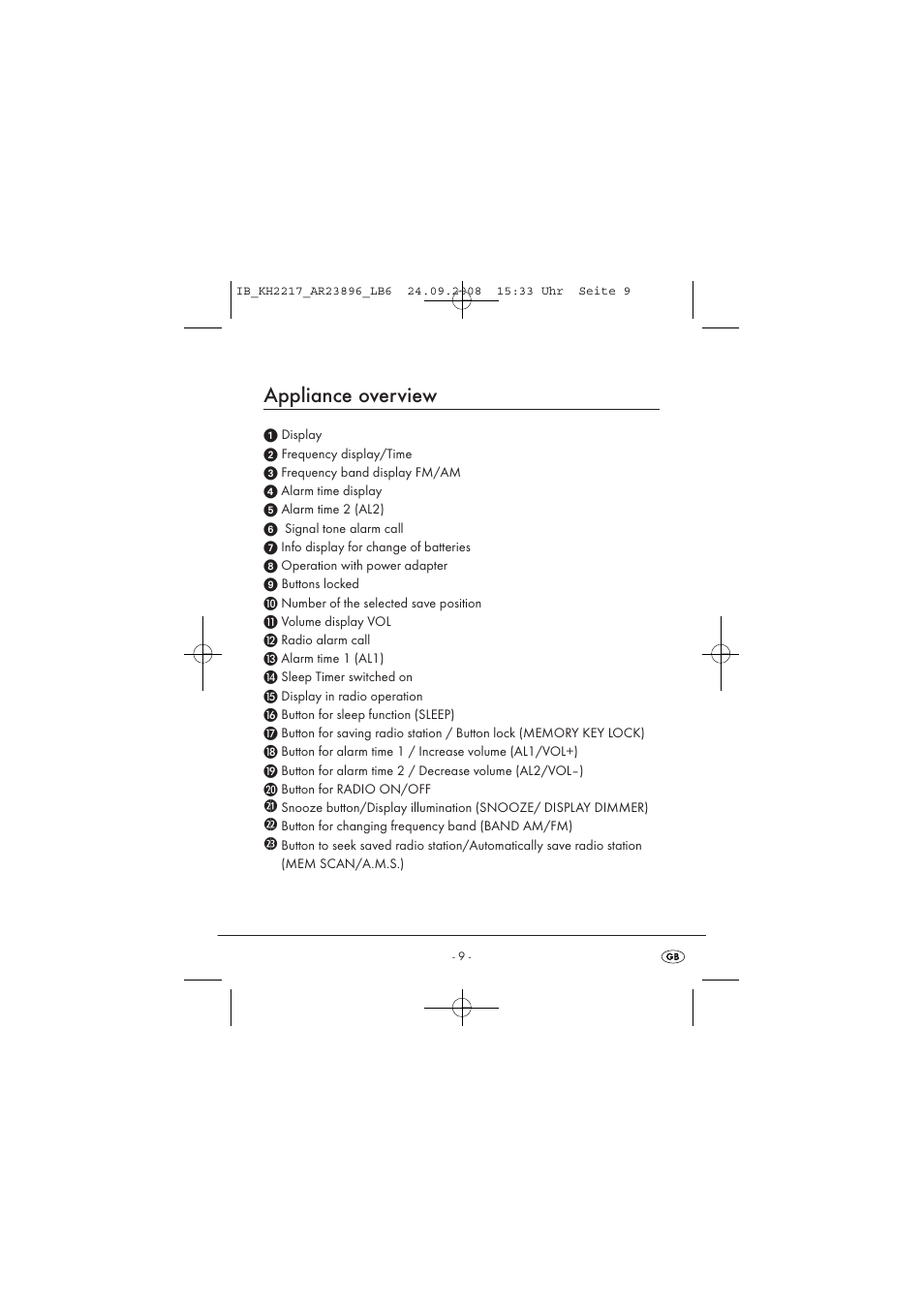 Appliance overview | Silvercrest KH2217 User Manual | Page 9 / 28