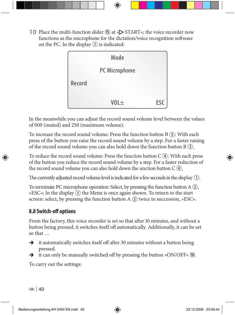 Vol± esc pc microphone record mode | Silvercrest KH 2450 User Manual | Page 38 / 74