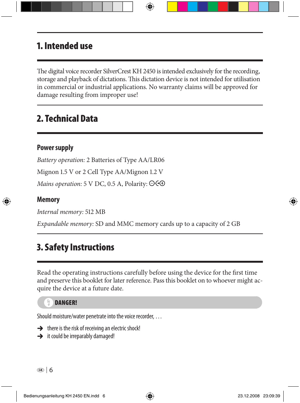 Intended use, Technical data, Safety instructions | Silvercrest KH 2450 User Manual | Page 4 / 74