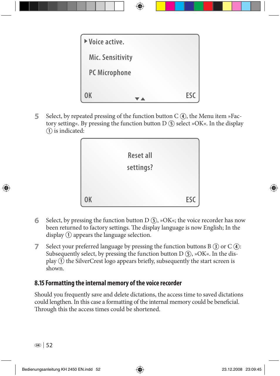 Ok esc reset all settings? 6 | Silvercrest KH 2450 User Manual | Page 50 / 74