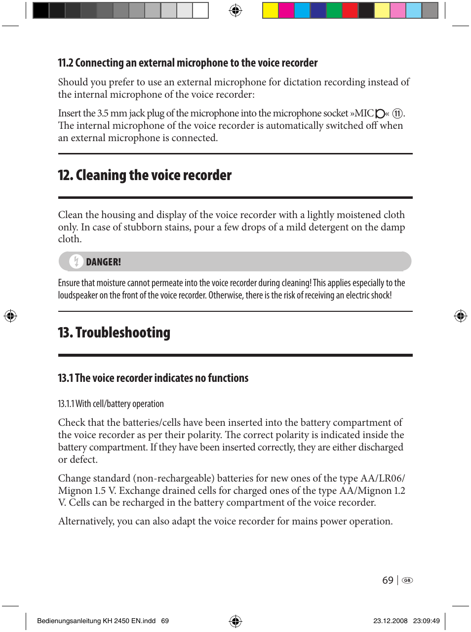 Cleaning the voice recorder, Troubleshooting | Silvercrest KH 2450 User Manual | Page 67 / 74