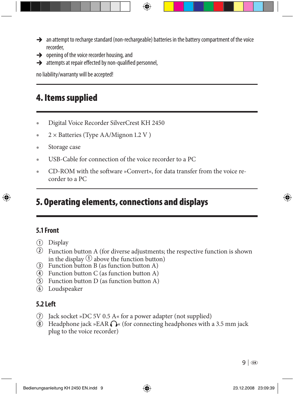Items supplied, Operating elements, connections and displays | Silvercrest KH 2450 User Manual | Page 7 / 74