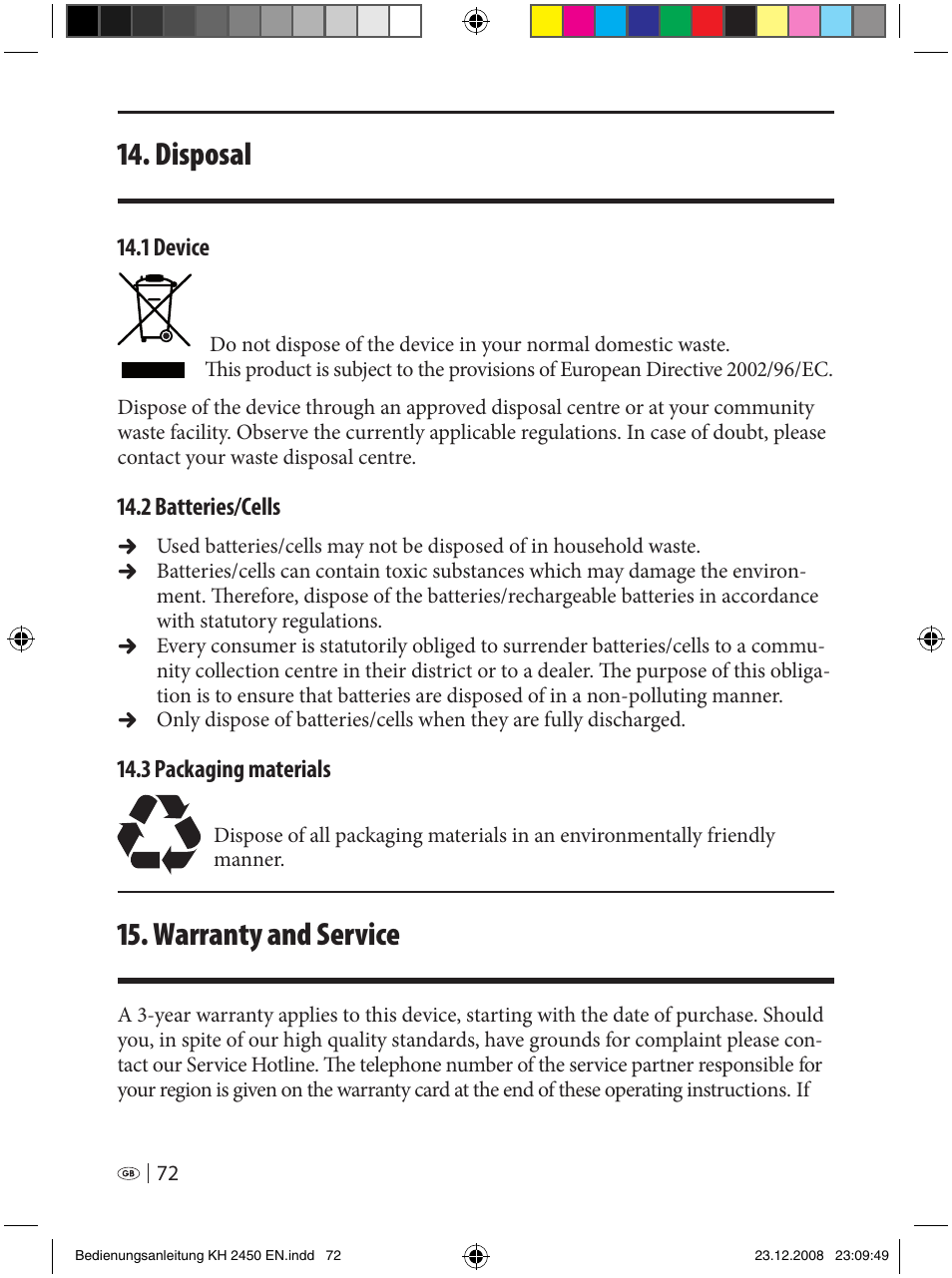 Disposal, Warranty and service | Silvercrest KH 2450 User Manual | Page 70 / 74