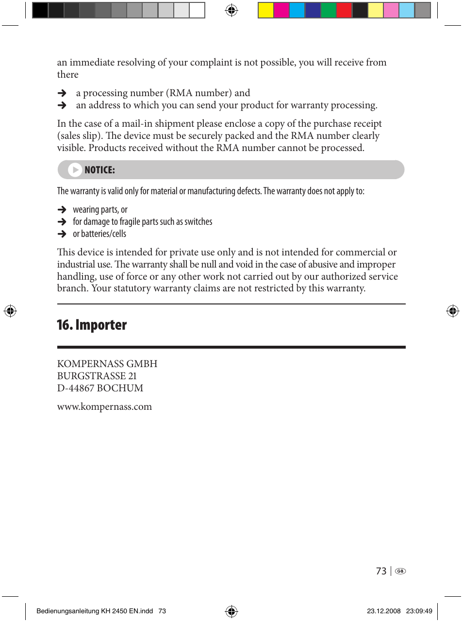 Importer | Silvercrest KH 2450 User Manual | Page 71 / 74