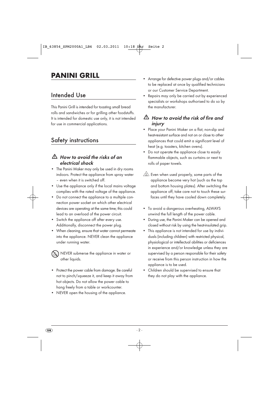 Panini grill, Intended use, Safety instructions | Silvercrest SPM 2000 A16 User Manual | Page 4 / 10
