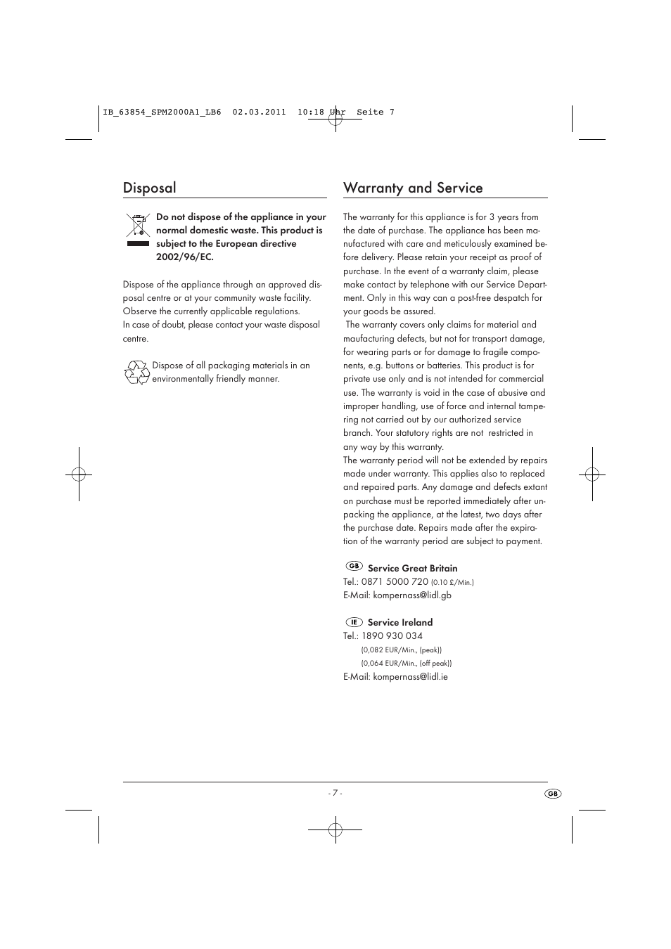 Disposal, Warranty and service | Silvercrest SPM 2000 A16 User Manual | Page 9 / 10