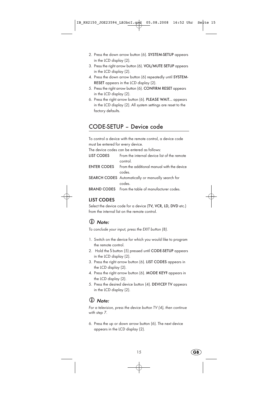 Code-setup – device code | Silvercrest KH2150 User Manual | Page 17 / 38