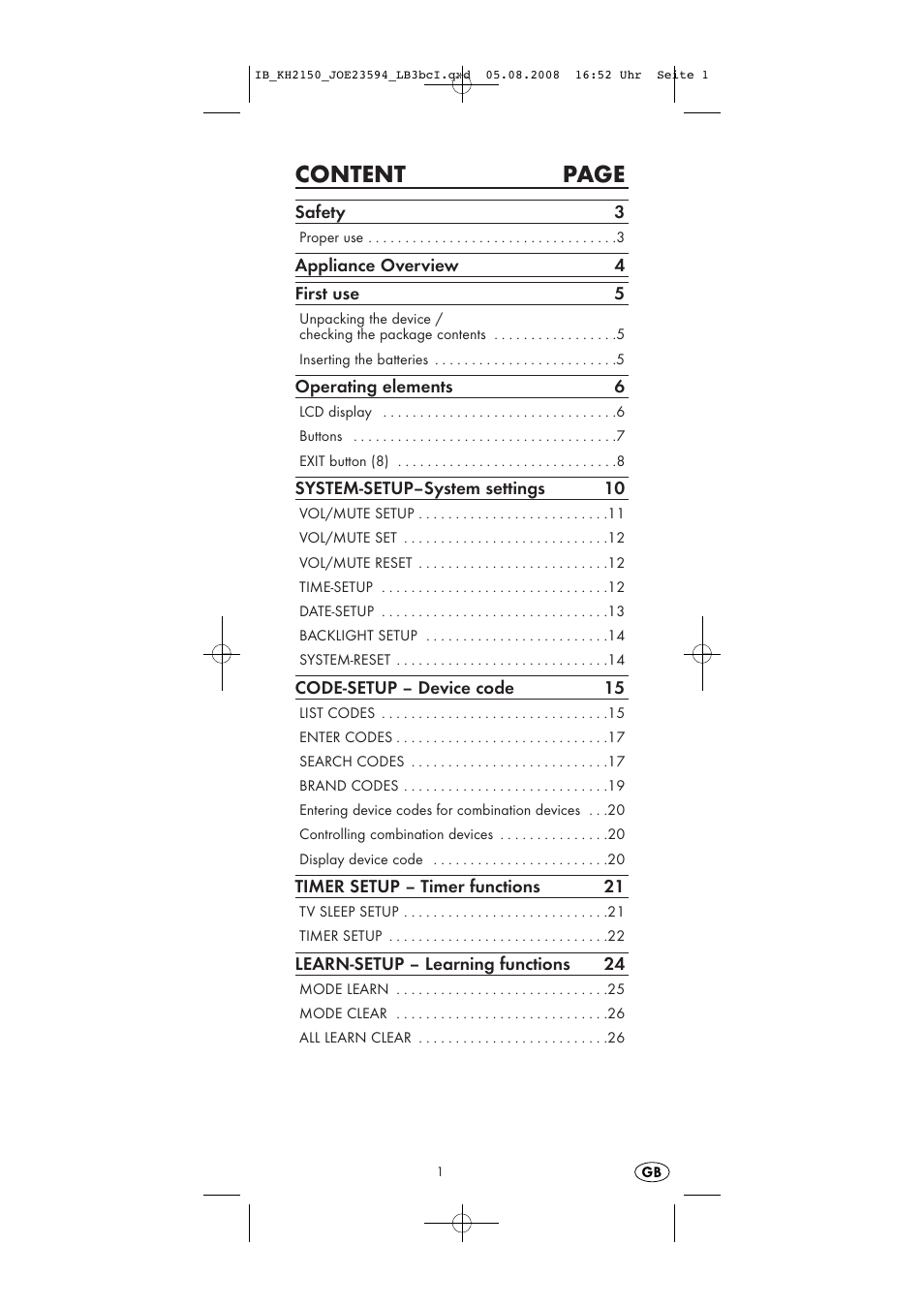 Content page | Silvercrest KH2150 User Manual | Page 3 / 38