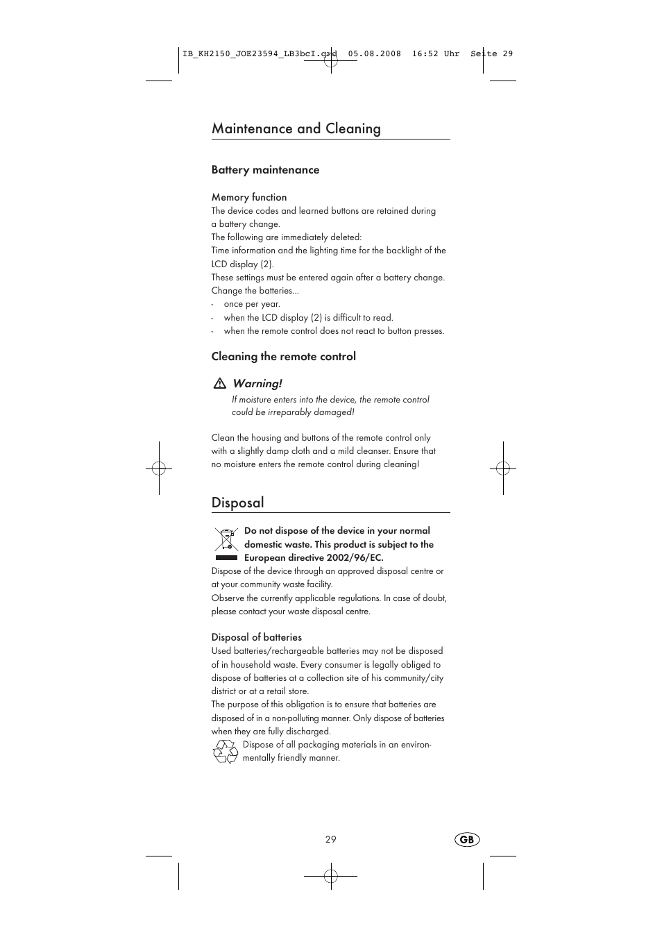 Maintenance and cleaning, Disposal | Silvercrest KH2150 User Manual | Page 31 / 38