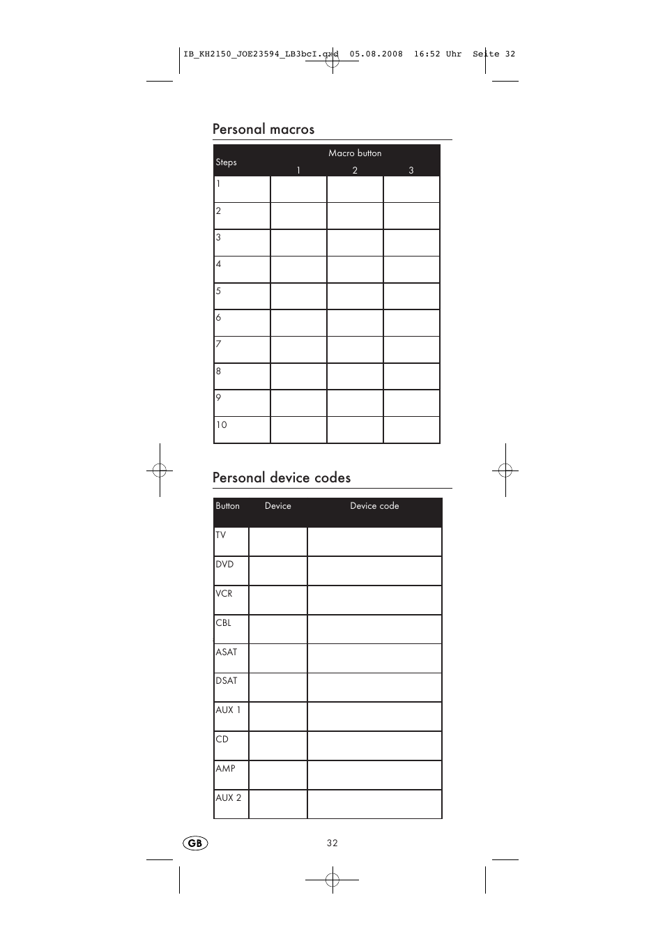 Personal macros personal device codes | Silvercrest KH2150 User Manual | Page 34 / 38