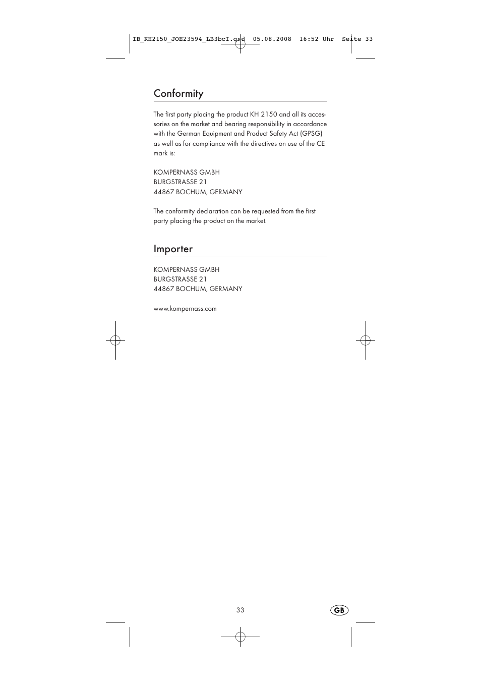 Conformity, Importer | Silvercrest KH2150 User Manual | Page 35 / 38