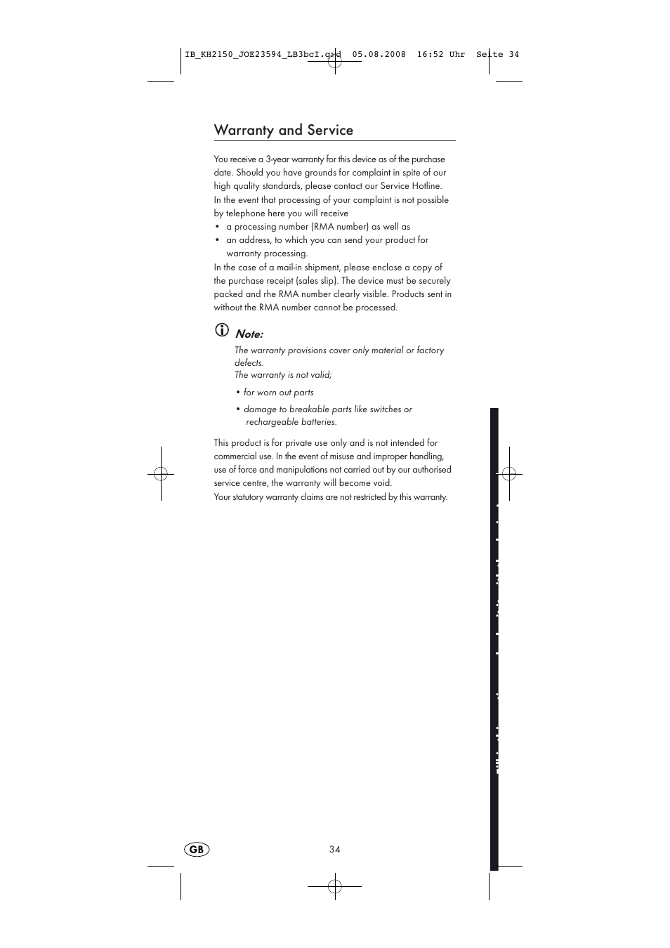 Warranty and service | Silvercrest KH2150 User Manual | Page 36 / 38