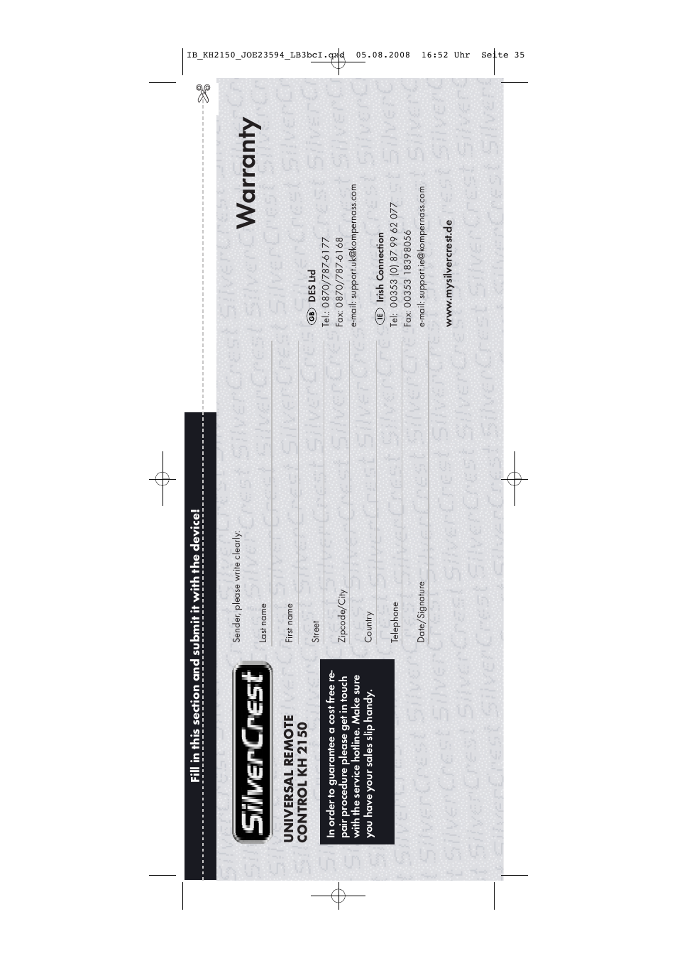 Warranty | Silvercrest KH2150 User Manual | Page 37 / 38
