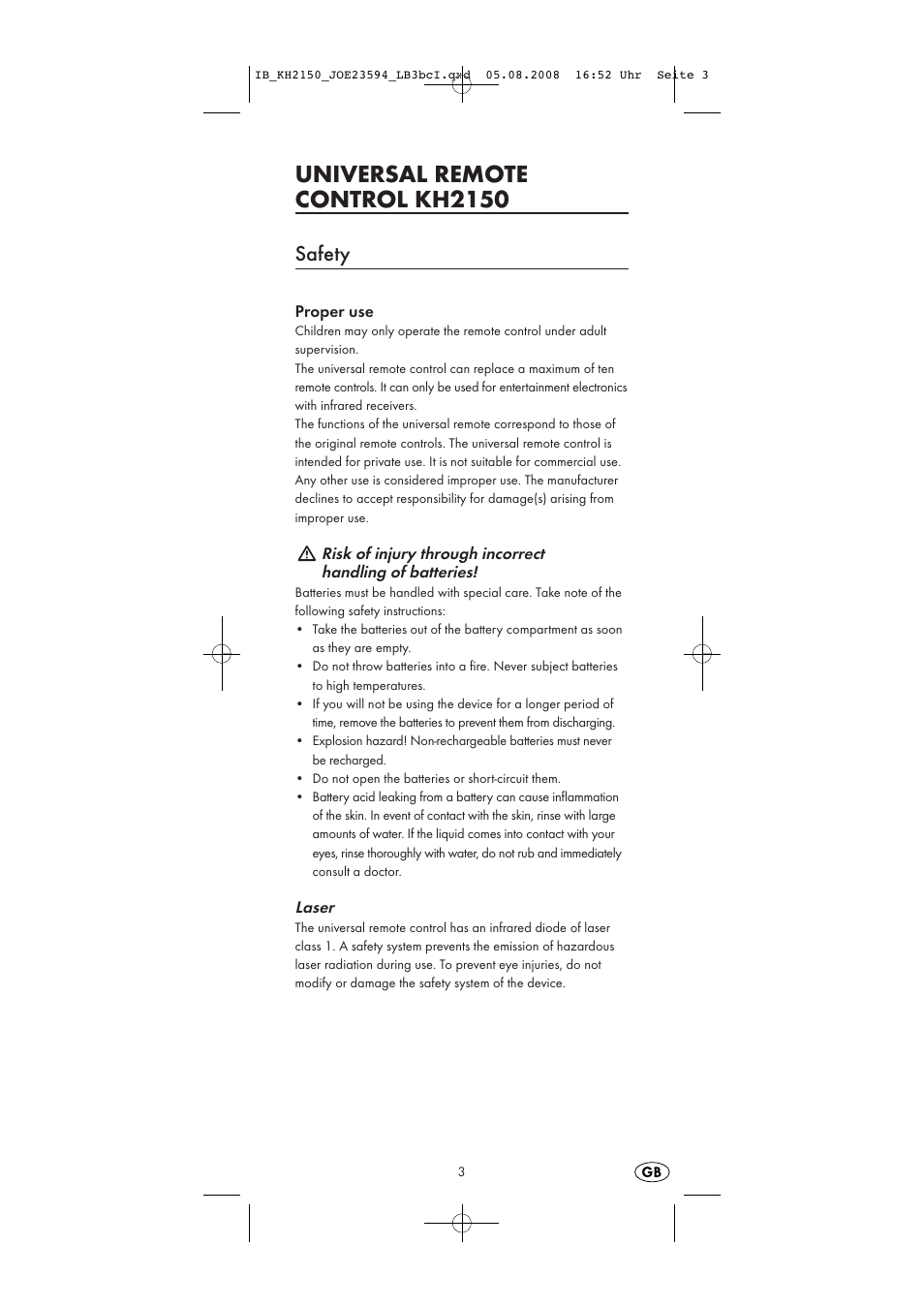 Universal remote control kh2150, Safety | Silvercrest KH2150 User Manual | Page 5 / 38