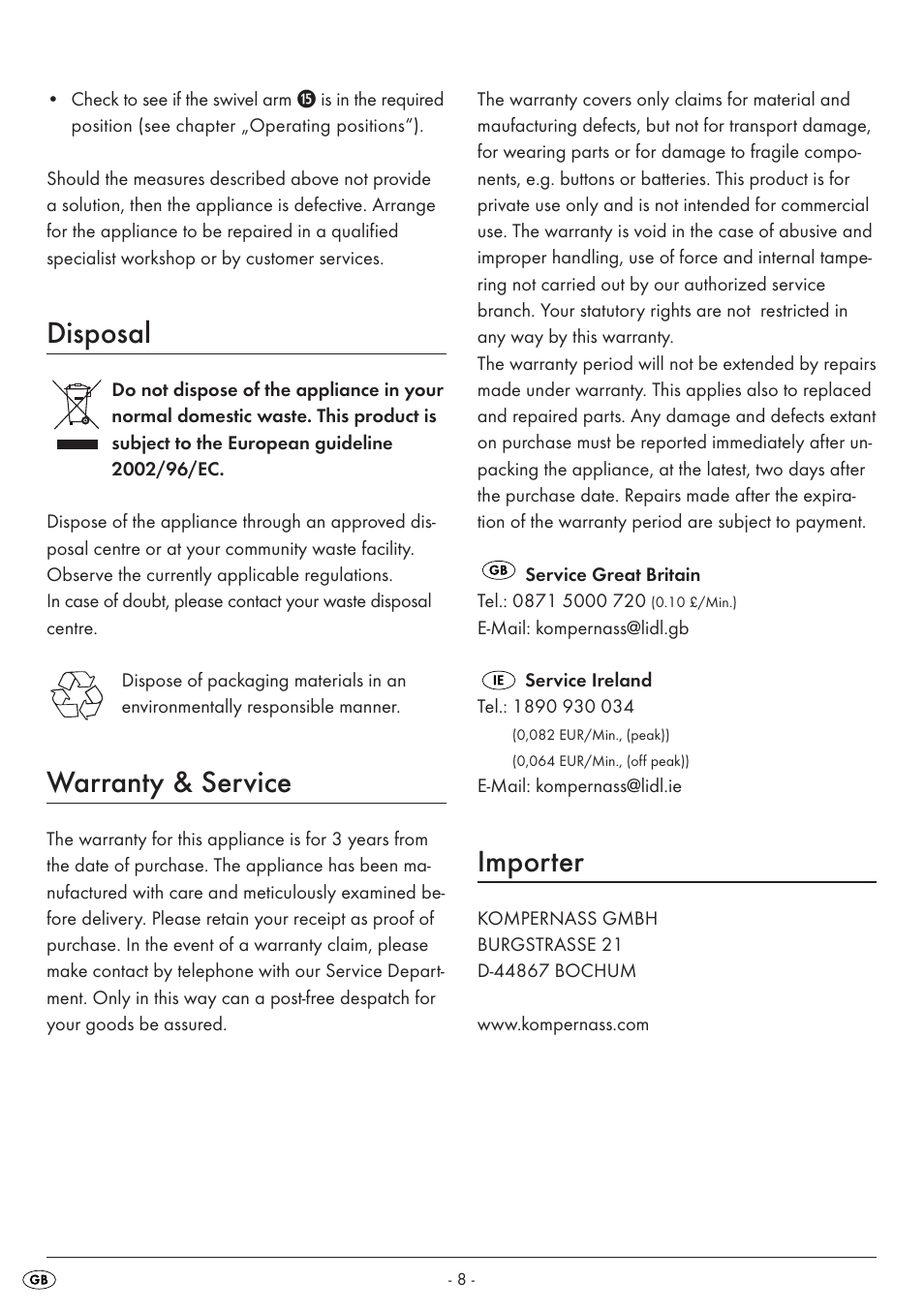 Disposal, Warranty & service, Importer | Silvercrest SKM 550 A1 User Manual | Page 10 / 23