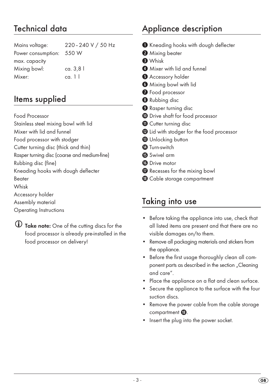 Technical data, Items supplied, Appliance description | Taking into use | Silvercrest SKM 550 A1 User Manual | Page 5 / 23