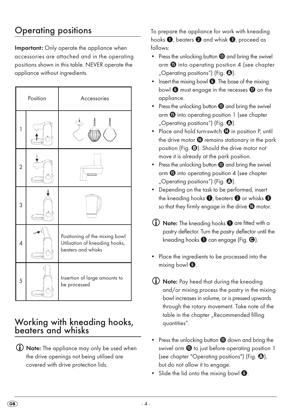 Operating positions, Working with kneading hooks, beaters and whisks | Silvercrest SKM 550 A1 User Manual | Page 6 / 23