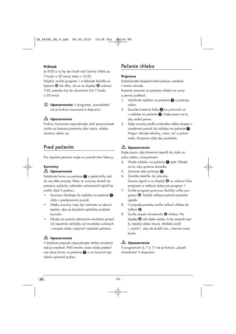 Pred pečením, Pečenie chleba | Silvercrest SBB850EDSA1-02/10-V3 User Manual | Page 100 / 243