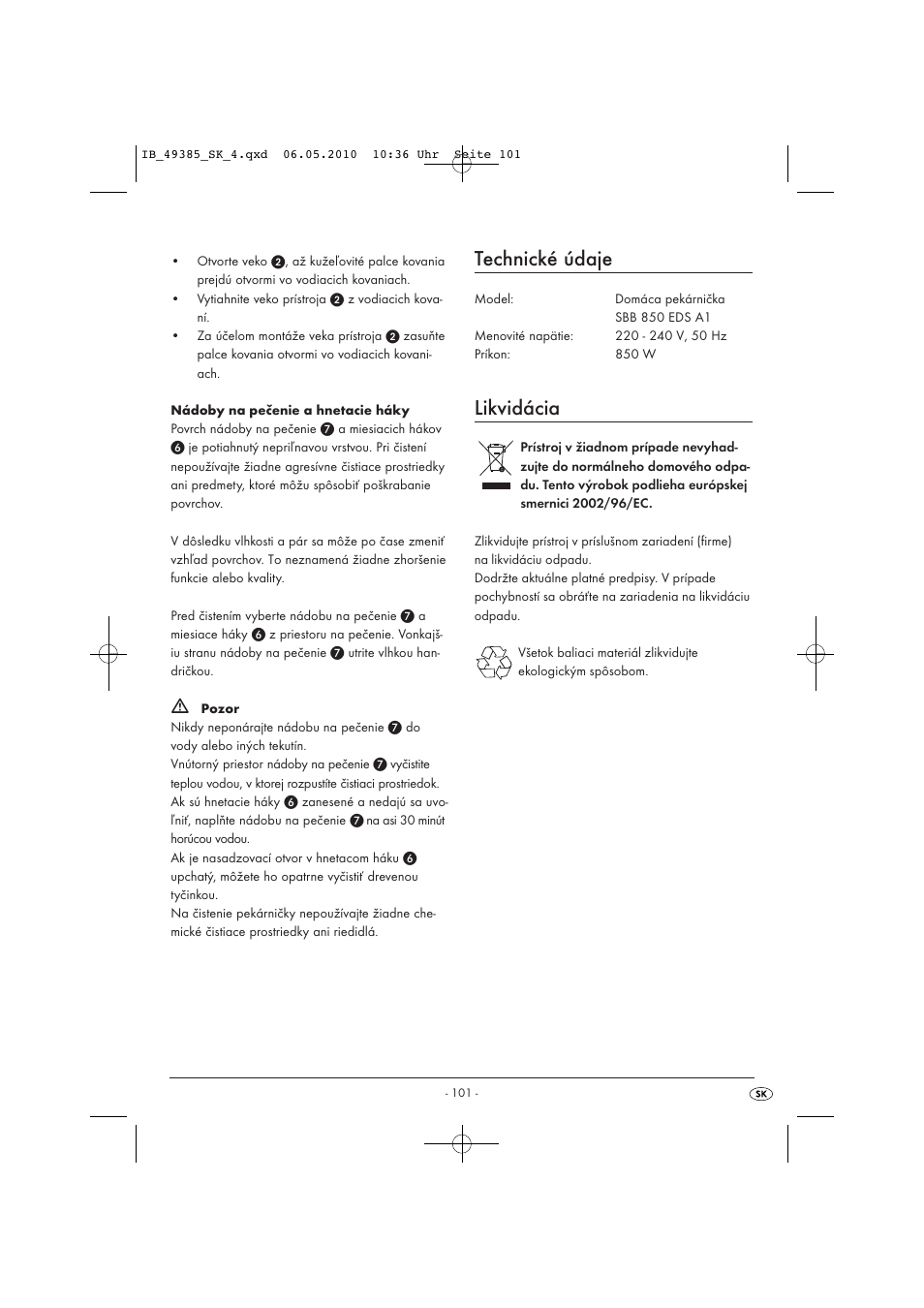 Technické údaje, Likvidácia | Silvercrest SBB850EDSA1-02/10-V3 User Manual | Page 103 / 243