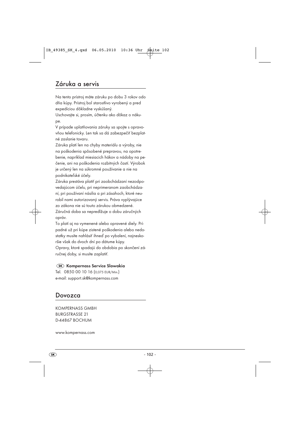 Záruka a servis, Dovozca | Silvercrest SBB850EDSA1-02/10-V3 User Manual | Page 104 / 243
