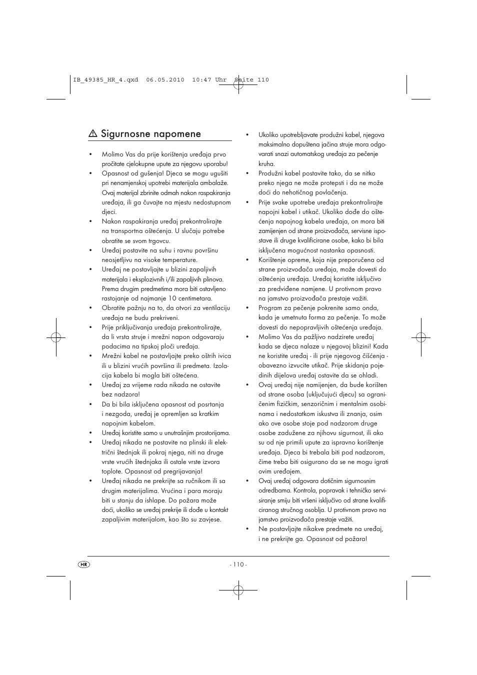 Sigurnosne napomene | Silvercrest SBB850EDSA1-02/10-V3 User Manual | Page 112 / 243