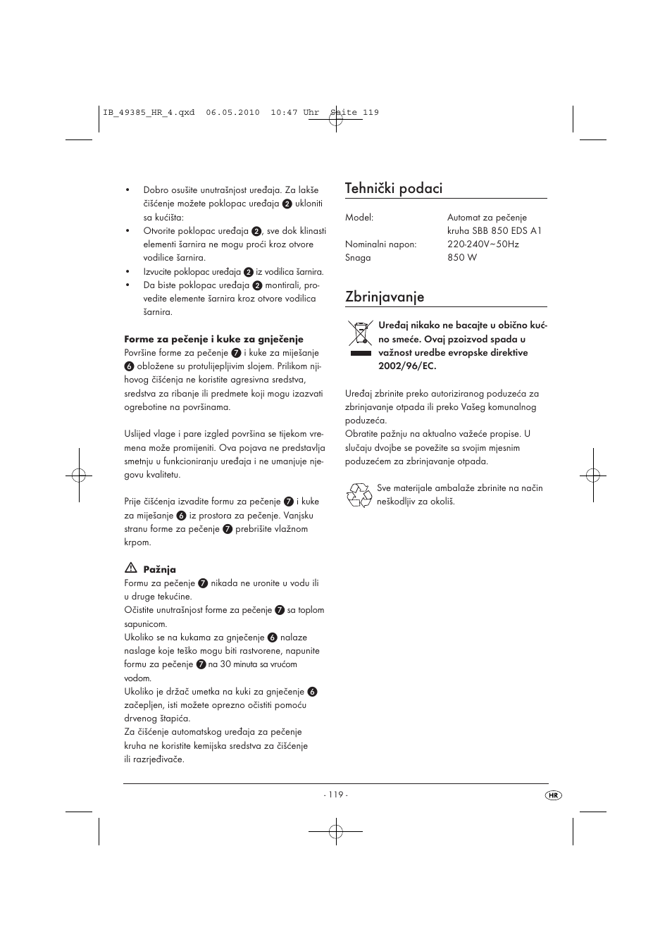 Tehnički podaci, Zbrinjavanje | Silvercrest SBB850EDSA1-02/10-V3 User Manual | Page 121 / 243