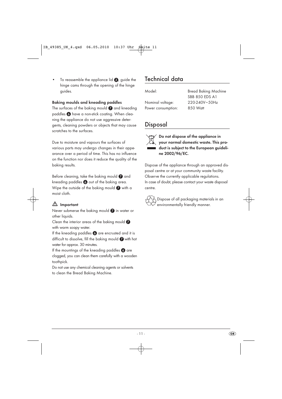 Technical data, Disposal | Silvercrest SBB850EDSA1-02/10-V3 User Manual | Page 13 / 243