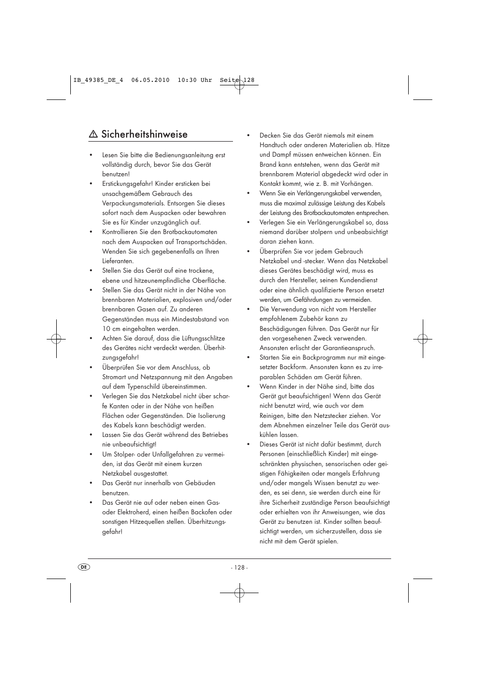Sicherheitshinweise | Silvercrest SBB850EDSA1-02/10-V3 User Manual | Page 130 / 243