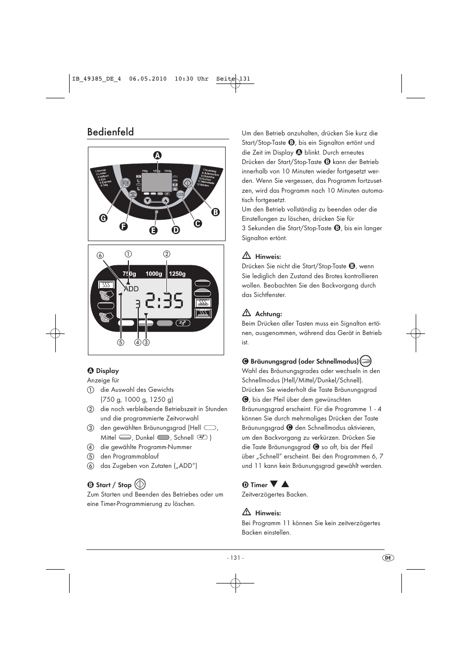 Bedienfeld | Silvercrest SBB850EDSA1-02/10-V3 User Manual | Page 133 / 243