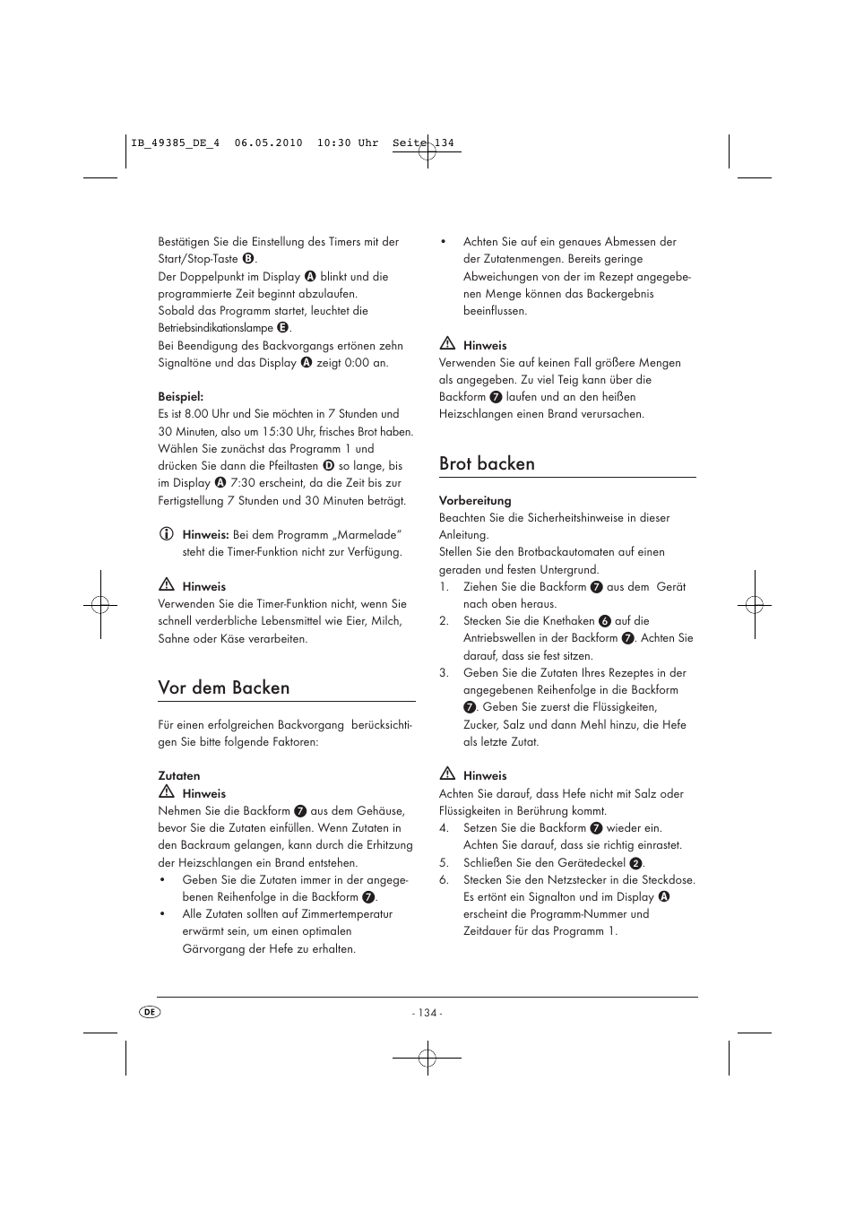 Vor dem backen, Brot backen | Silvercrest SBB850EDSA1-02/10-V3 User Manual | Page 136 / 243