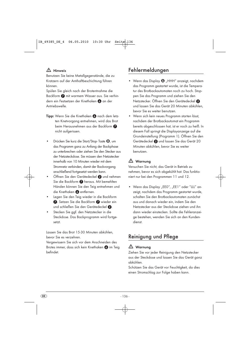 Fehlermeldungen, Reinigung und pflege | Silvercrest SBB850EDSA1-02/10-V3 User Manual | Page 138 / 243