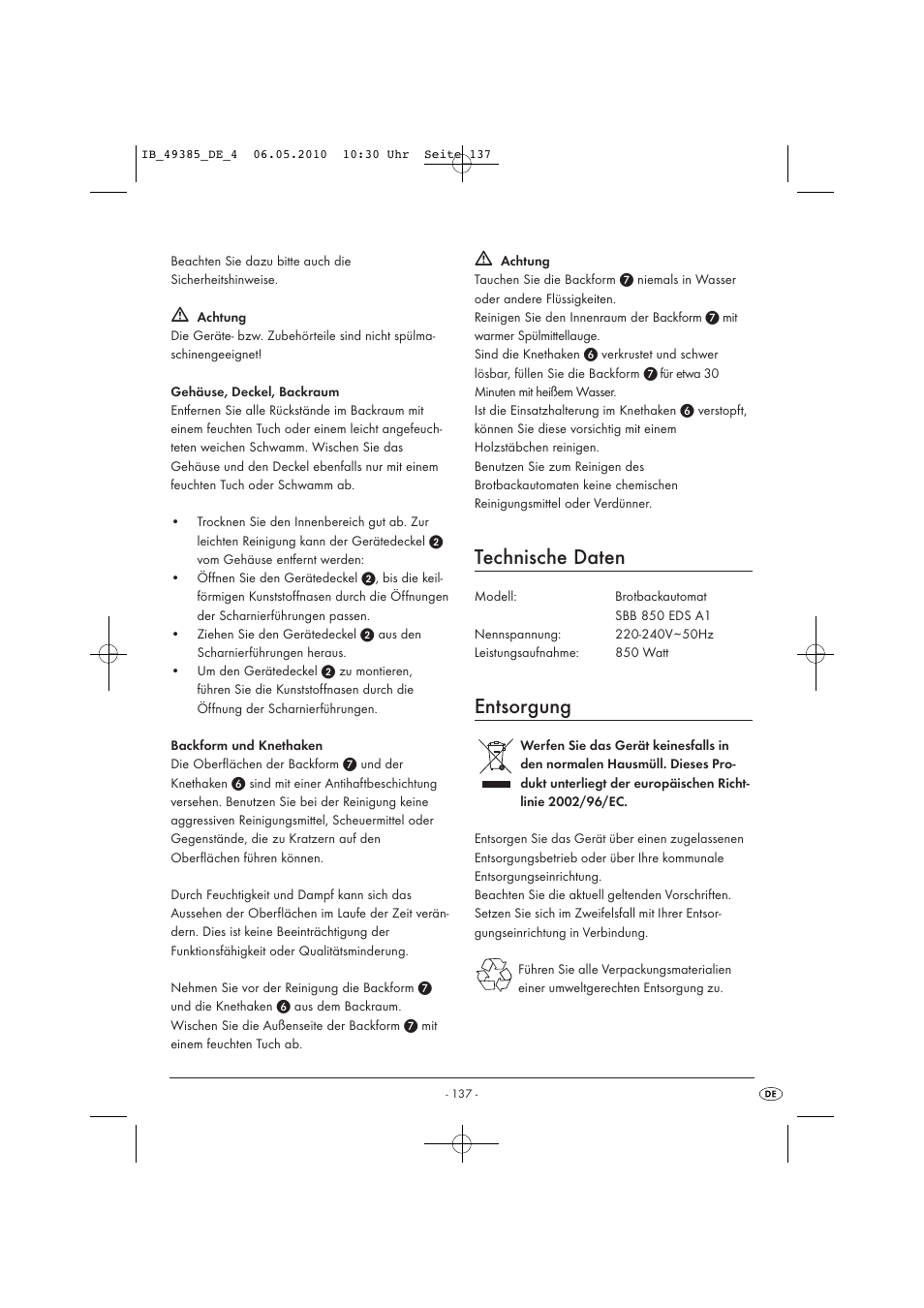 Technische daten, Entsorgung | Silvercrest SBB850EDSA1-02/10-V3 User Manual | Page 139 / 243