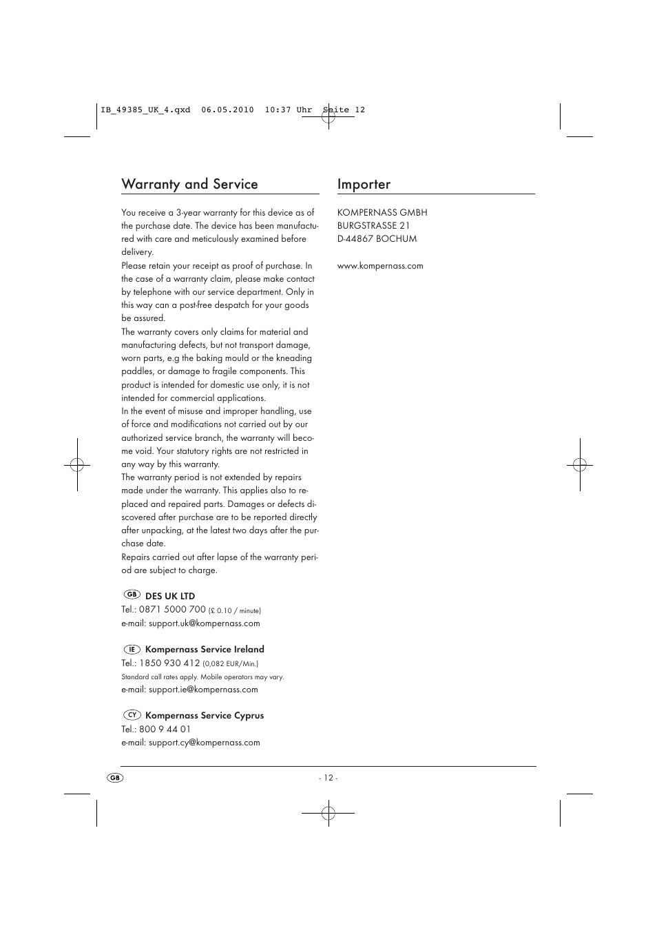 Warranty and service, Importer | Silvercrest SBB850EDSA1-02/10-V3 User Manual | Page 14 / 243