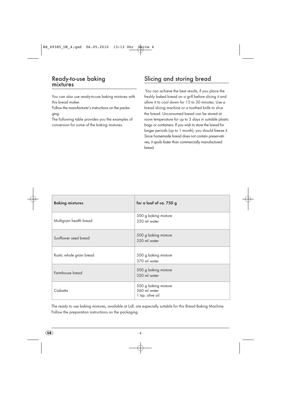 Ready-to-use baking mixtures, Slicing and storing bread | Silvercrest SBB850EDSA1-02/10-V3 User Manual | Page 151 / 243