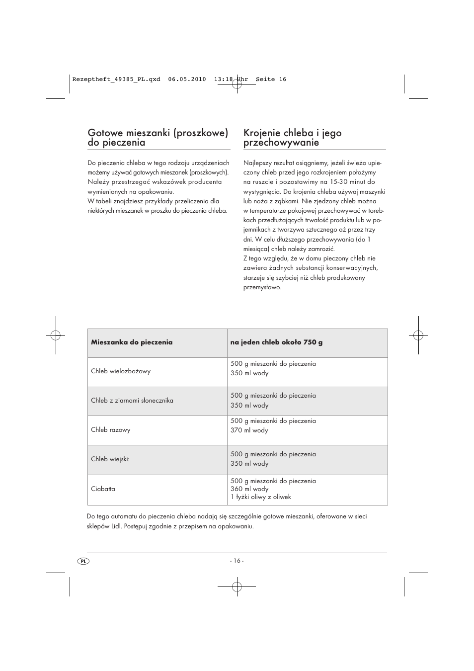 Gotowe mieszanki (proszkowe) do pieczenia, Krojenie chleba i jego przechowywanie | Silvercrest SBB850EDSA1-02/10-V3 User Manual | Page 163 / 243