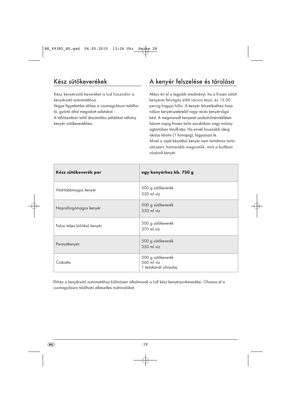 Kész sütőkeverékek, A kenyér felszelése és tárolása | Silvercrest SBB850EDSA1-02/10-V3 User Manual | Page 175 / 243