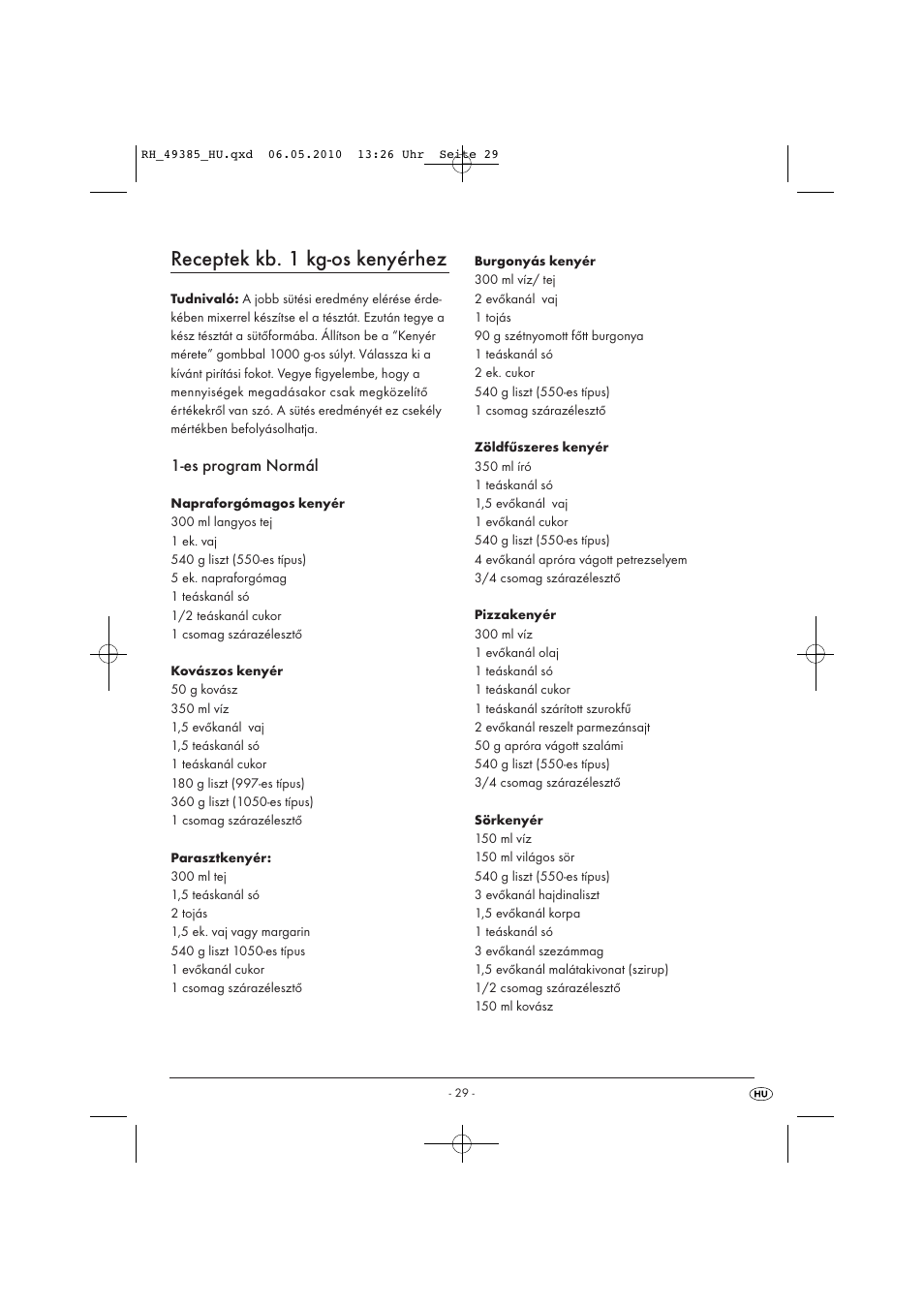 Receptek kb. 1 kg-os kenyérhez | Silvercrest SBB850EDSA1-02/10-V3 User Manual | Page 176 / 243