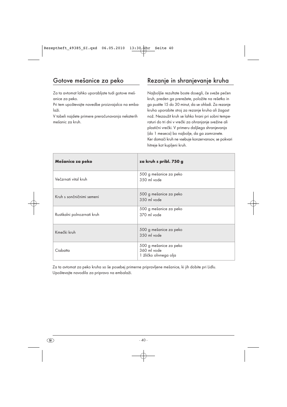 Gotove mešanice za peko, Rezanje in shranjevanje kruha | Silvercrest SBB850EDSA1-02/10-V3 User Manual | Page 187 / 243