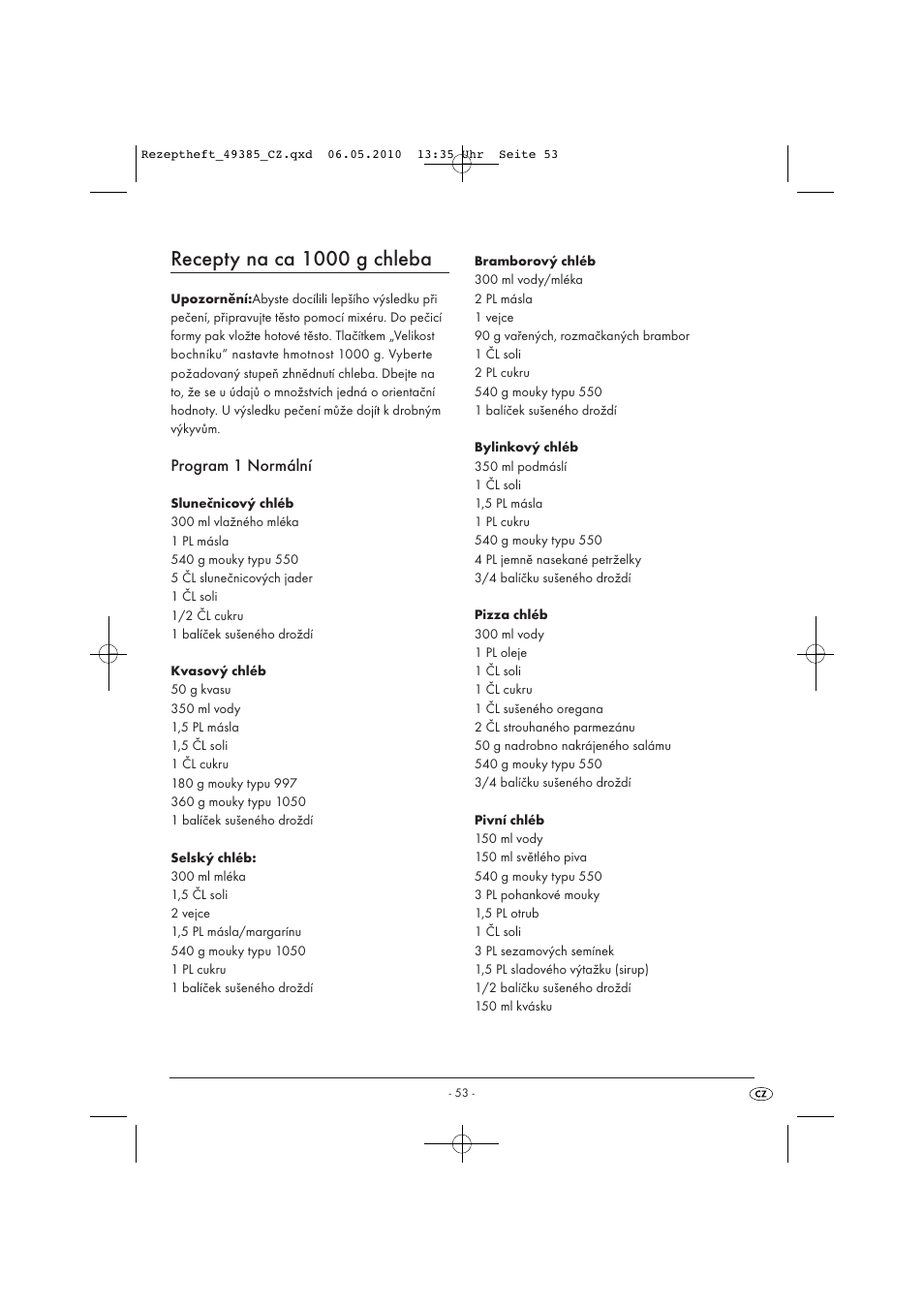 Recepty na ca 1000 g chleba | Silvercrest SBB850EDSA1-02/10-V3 User Manual | Page 200 / 243