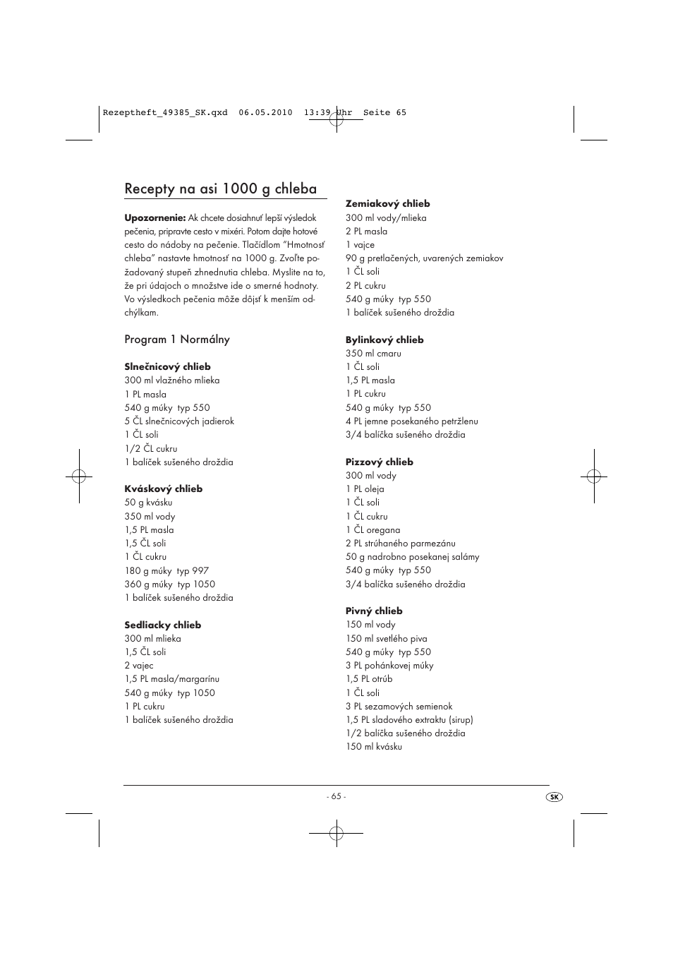 Recepty na asi 1000 g chleba | Silvercrest SBB850EDSA1-02/10-V3 User Manual | Page 212 / 243